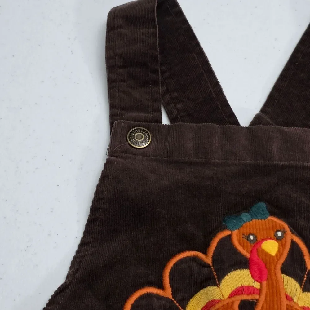 Gymboree Girls Embroidered Turkey Thanksgiving Corduroy Overalls Dress Size 10